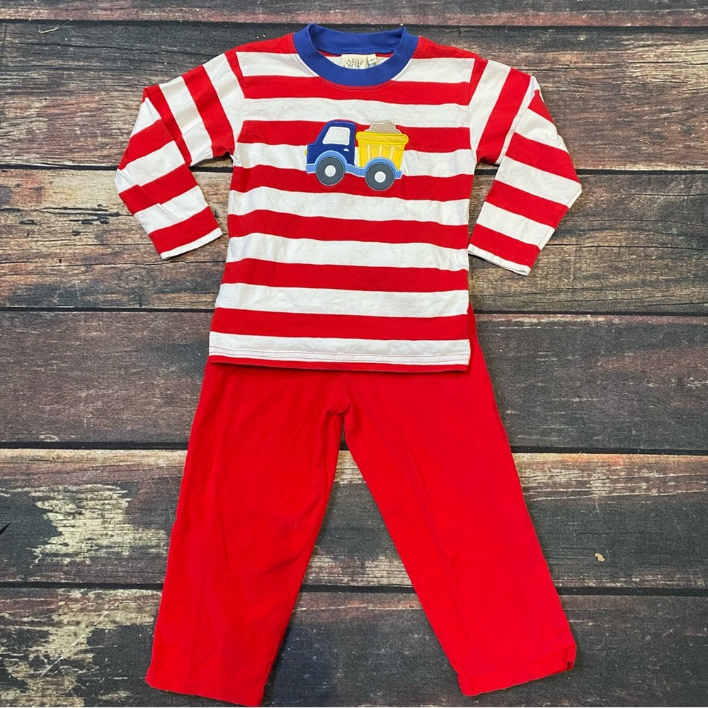Luigi Kids Red Corduroy Pants with Matching Striped Shirt Embroidered Truck